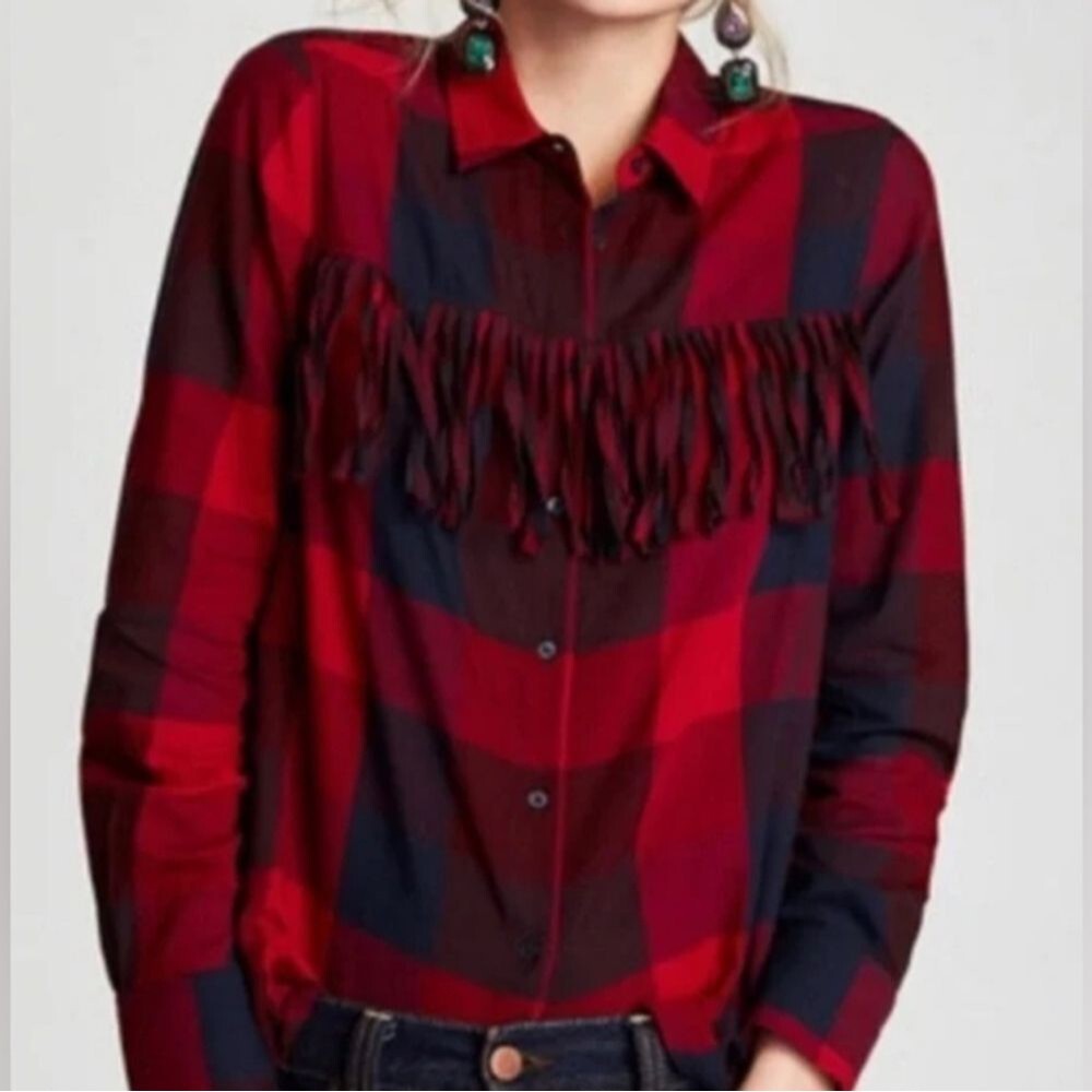 Zara Basic Womens Red and Blue Checkered Fringe Shirt